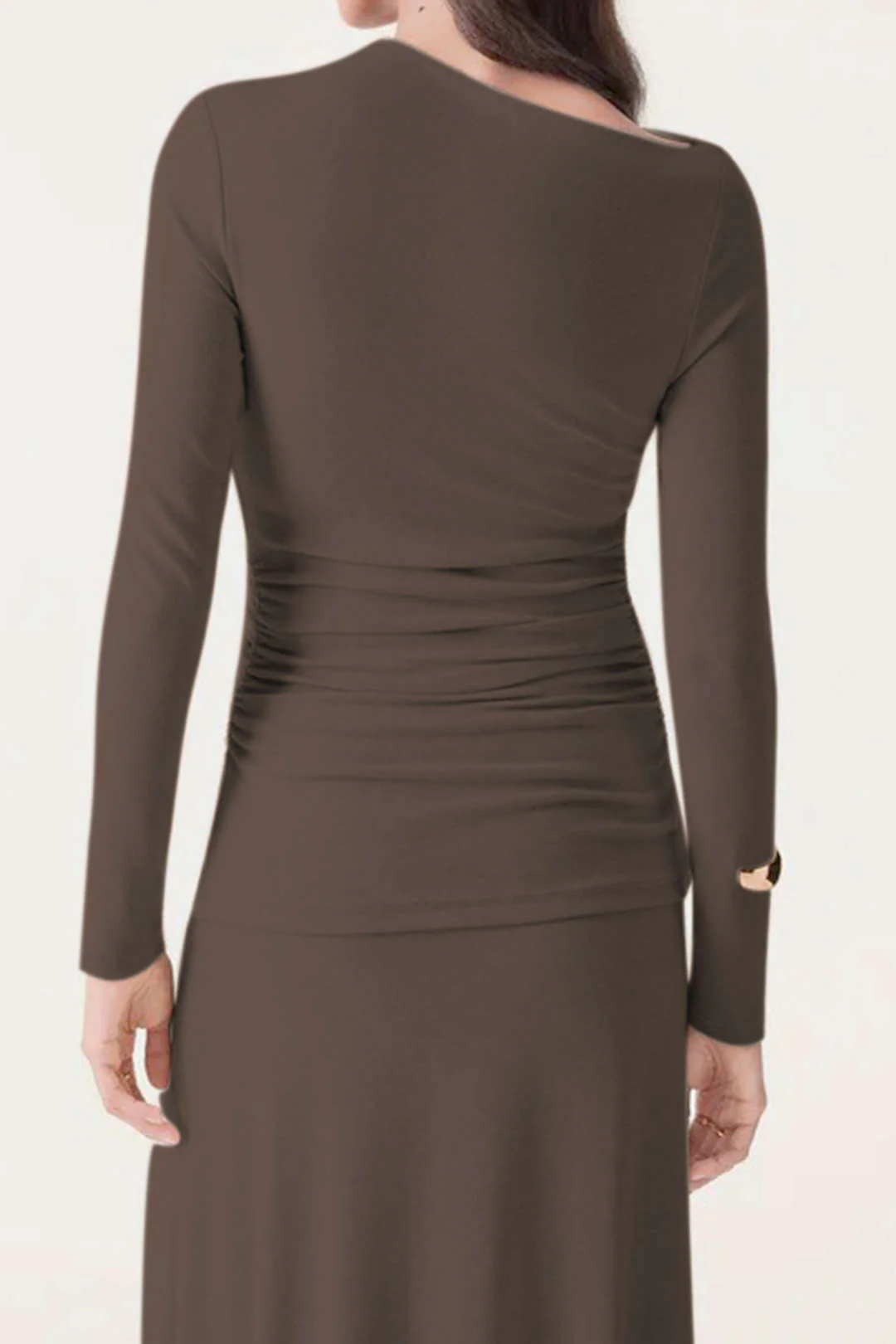 Asymmetrical Neck Long-Sleeve Top And Stitching Detail Skirt Set - Image 2