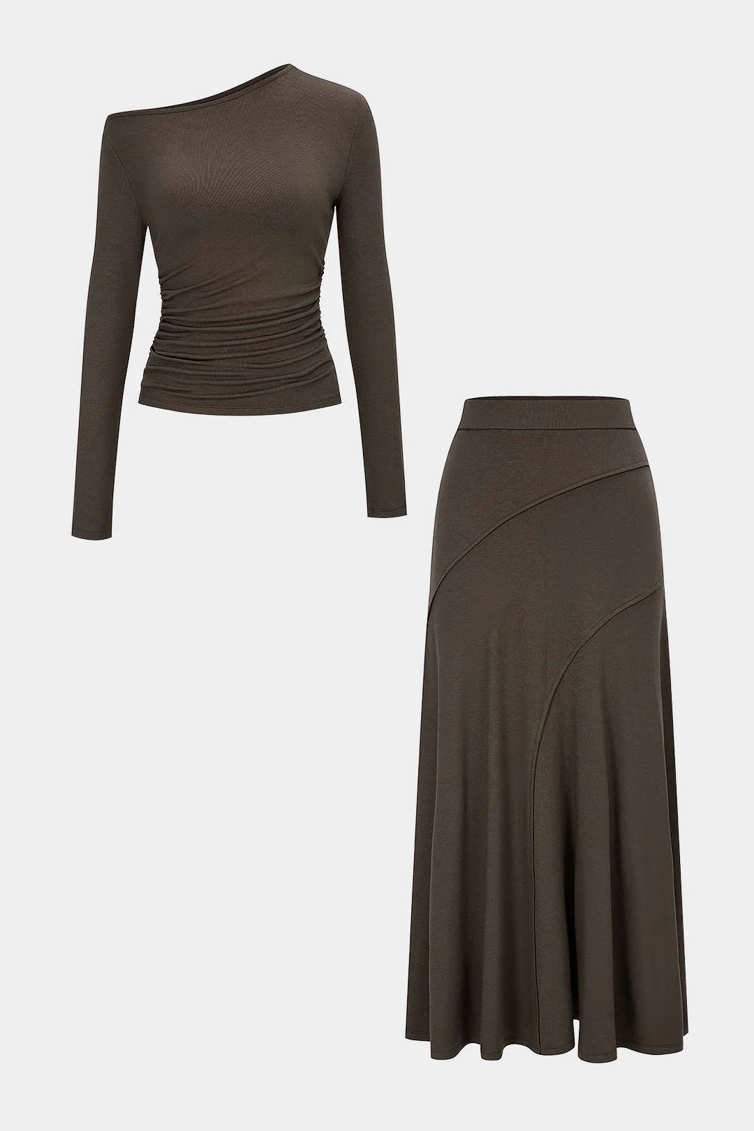 Asymmetrical Neck Long-Sleeve Top And Stitching Detail Skirt Set - Image 3