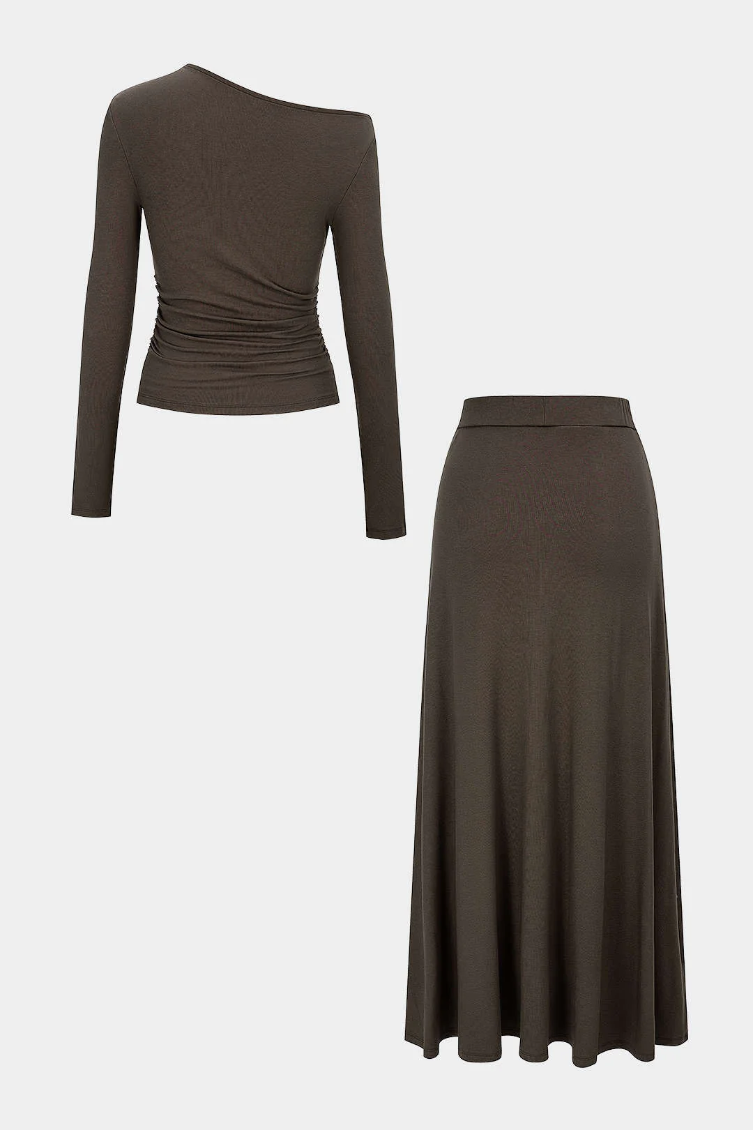Asymmetrical Neck Long-Sleeve Top And Stitching Detail Skirt Set - Image 4