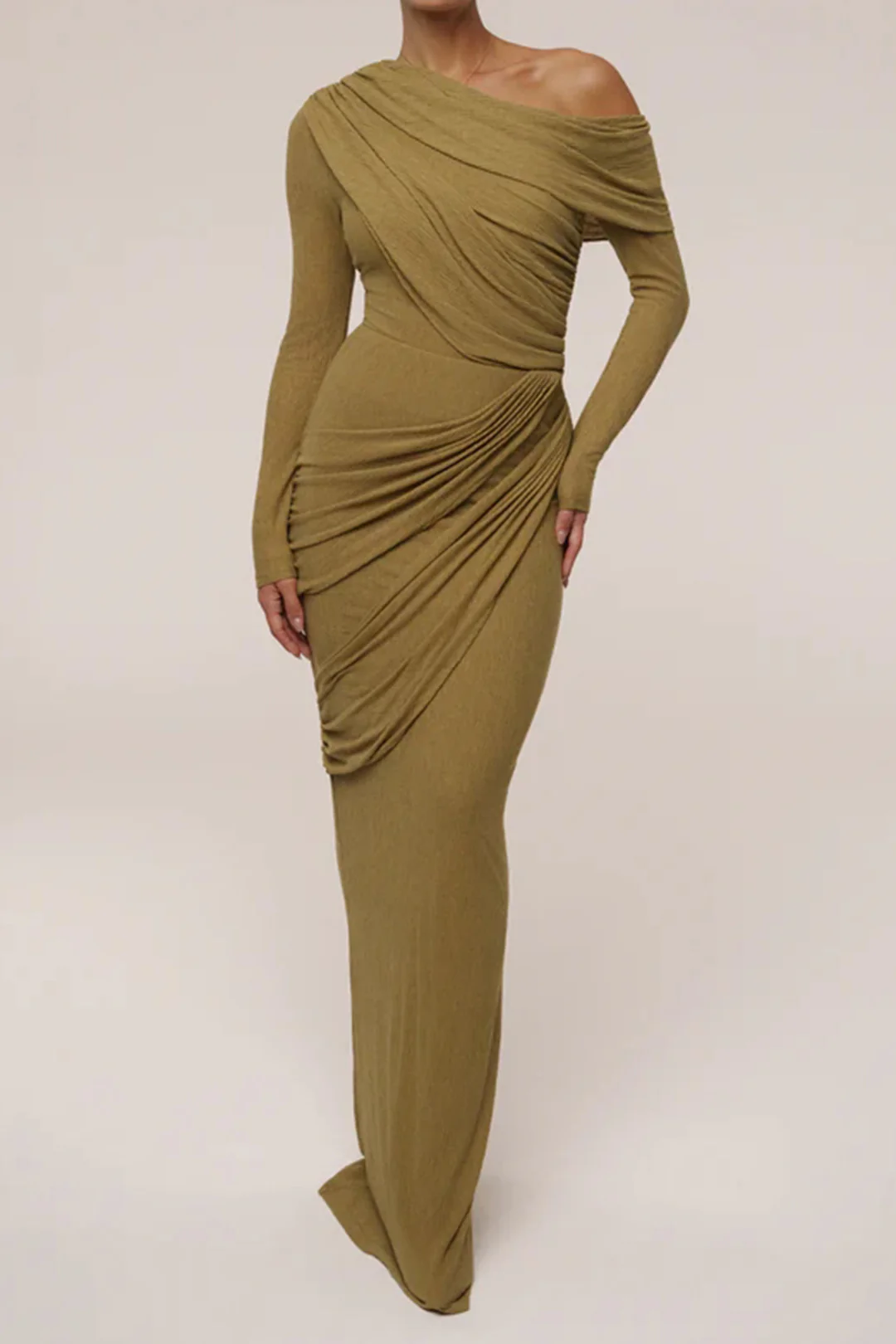 One Shoulder Ruched Long-Sleeve Top And Skirt Set - Image 2