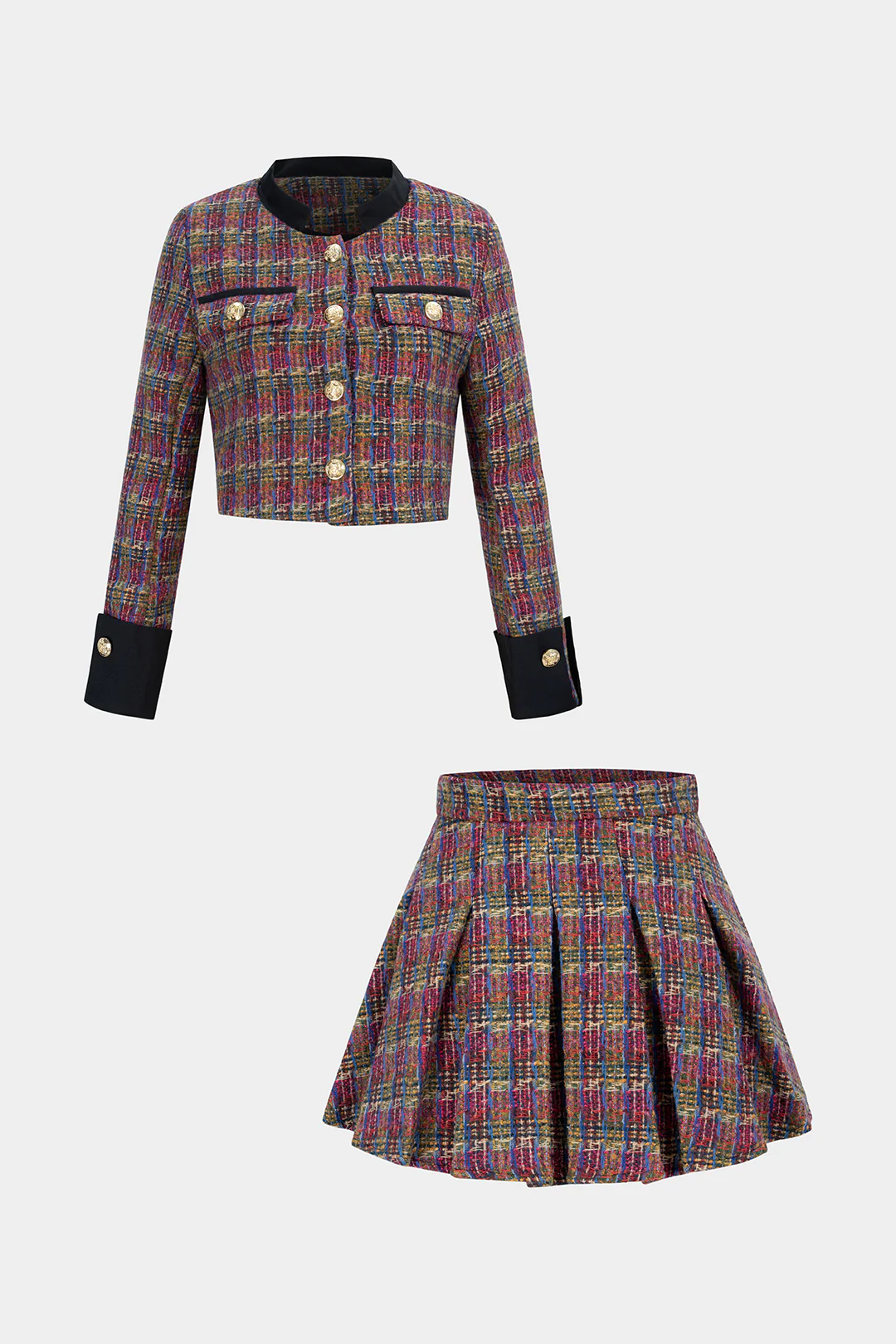 Tweed Patchwork Button Pockets Jacket And Pleated Mini Skirt Set