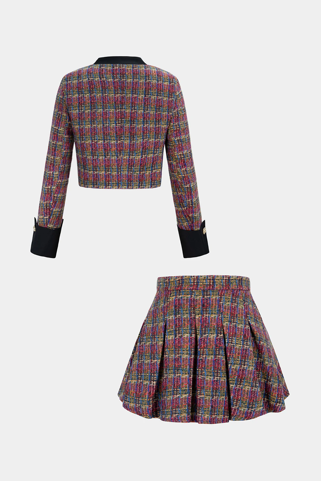 Tweed Patchwork Button Pockets Jacket And Pleated Mini Skirt Set - Image 2