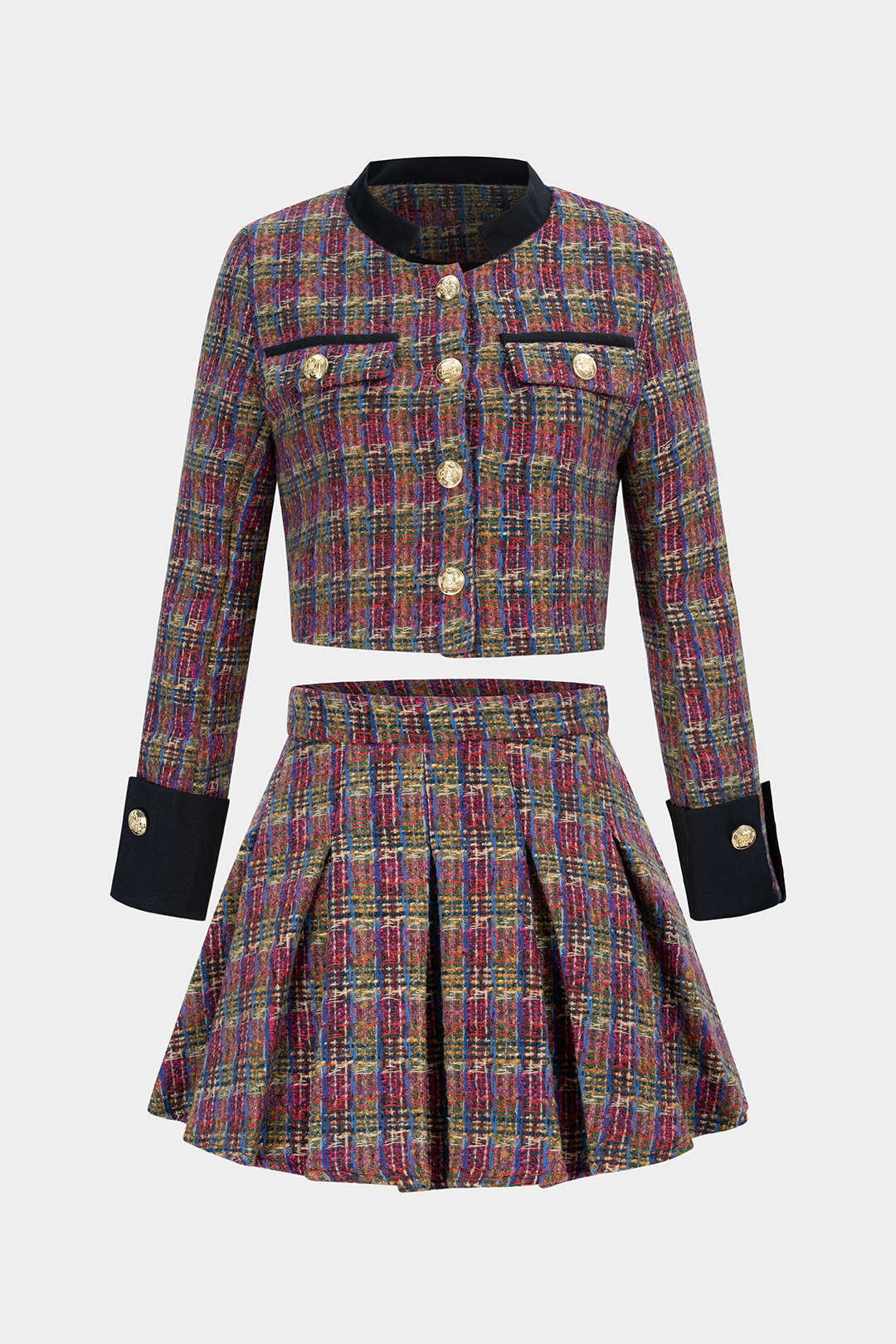 Tweed Patchwork Button Pockets Jacket And Pleated Mini Skirt Set - Image 3