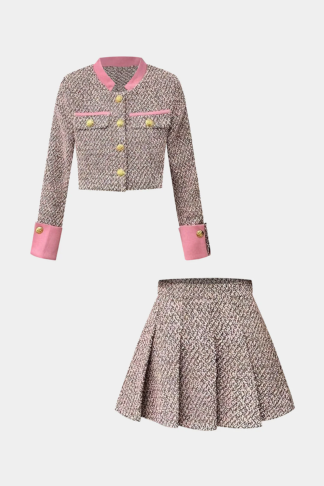 Tweed Patchwork Button Pockets Jacket And Pleated Mini Skirt Set - Image 7