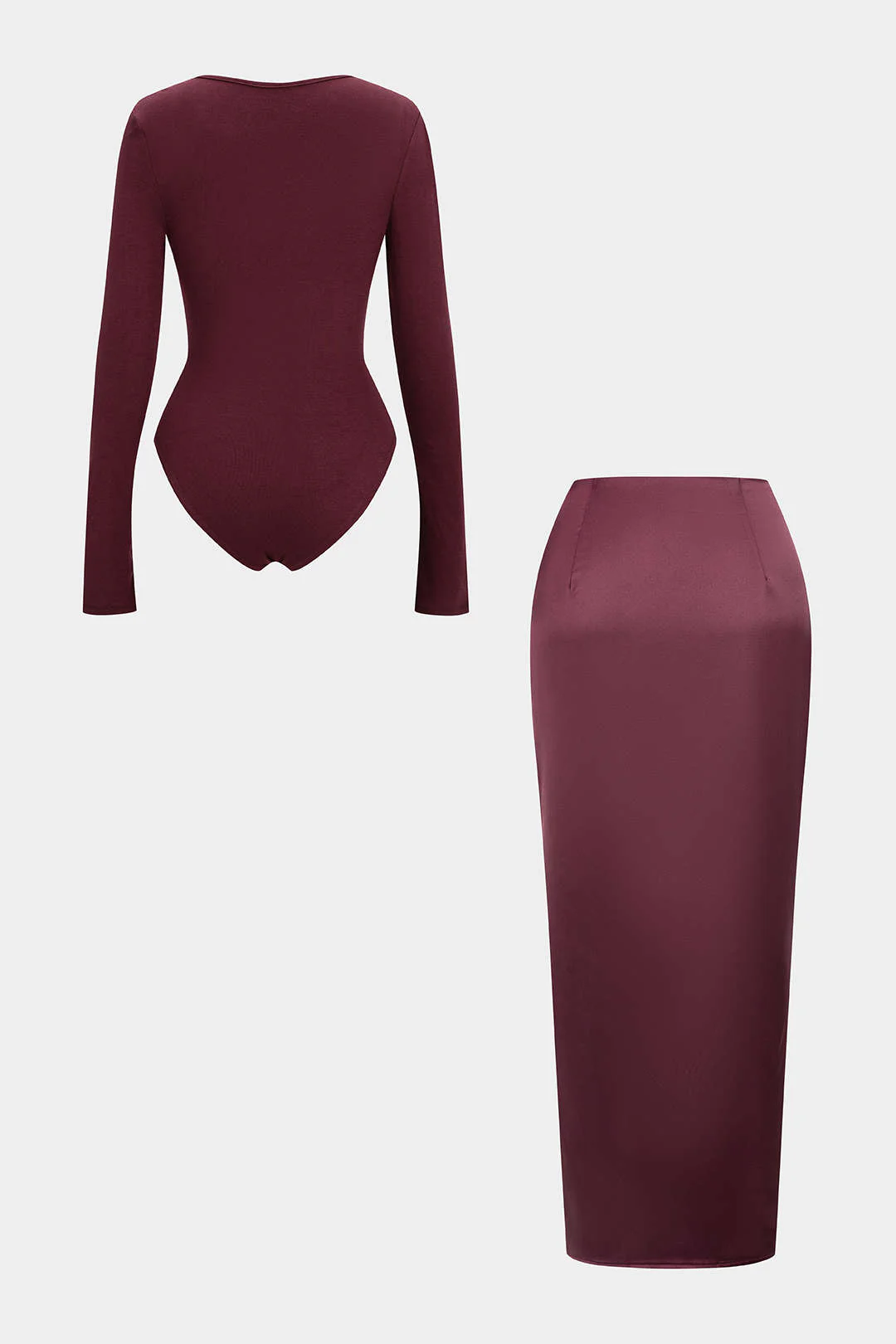 Solid Ruched Long Sleeve Bodysuit And Satin Knotted Wrap Skirt Set - Image 2