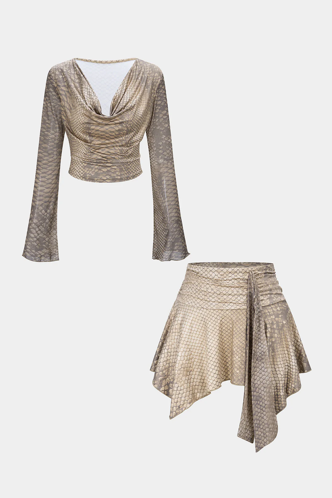 Snake Skin Print Draped Cowl Neck Long Sleeve Top And Irregular Hem Skirt Set