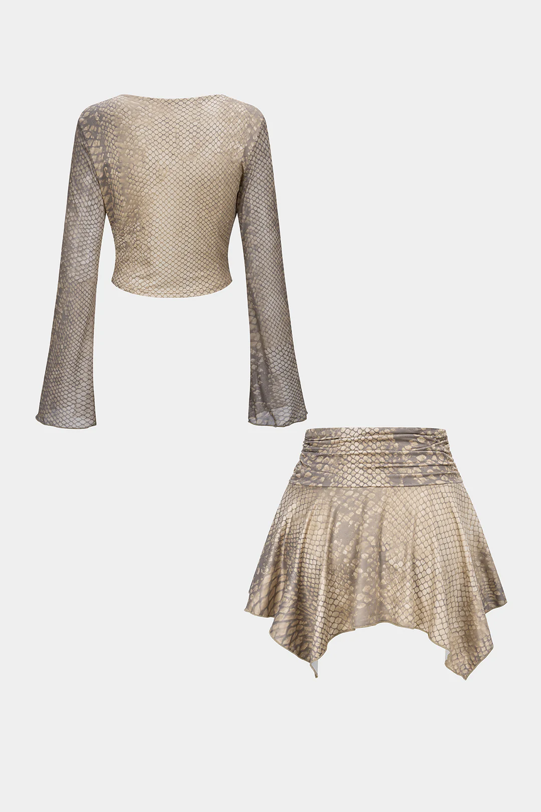 Snake Skin Print Draped Cowl Neck Long Sleeve Top And Irregular Hem Skirt Set - Image 2