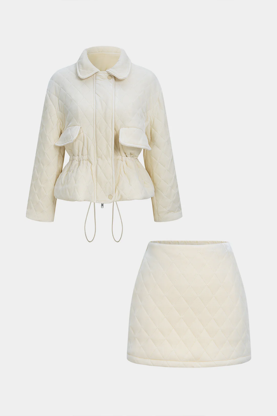 Quilted Velvet Zipper Jacket And Mini Skirt Set - Image 2