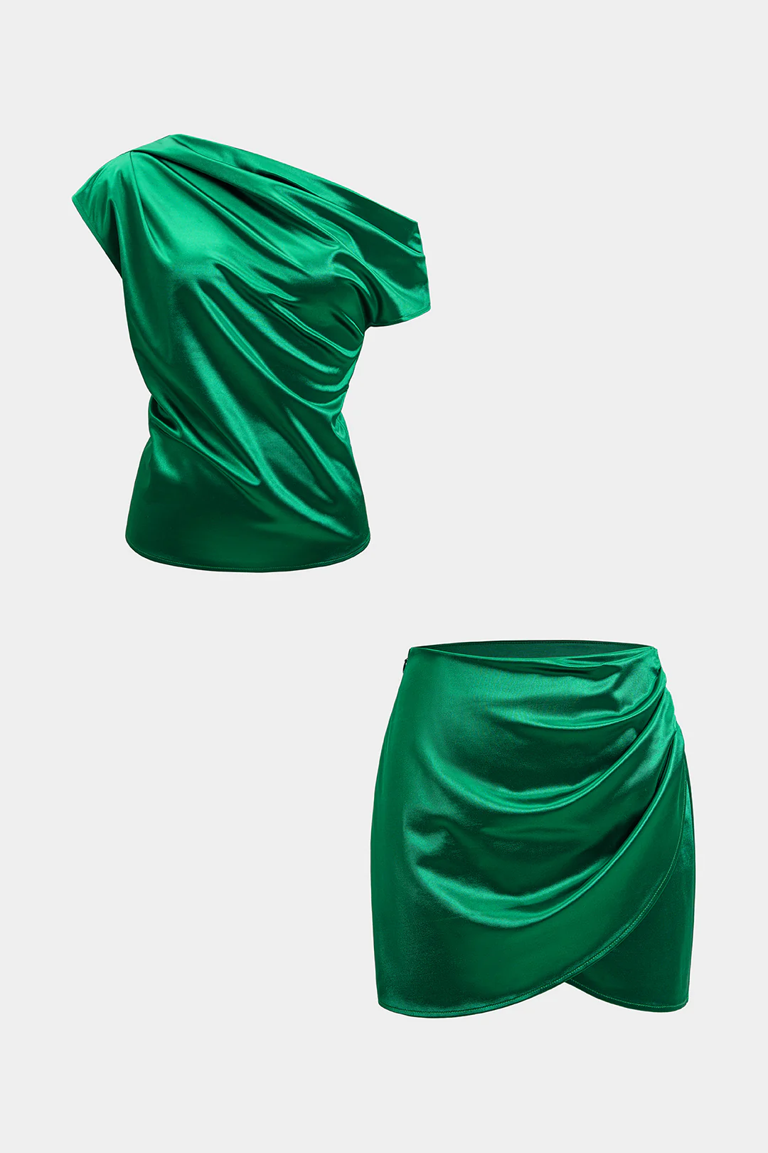 Satin One Shoulder Ruched Top And Asymmetrical Skirt Set - Image 2