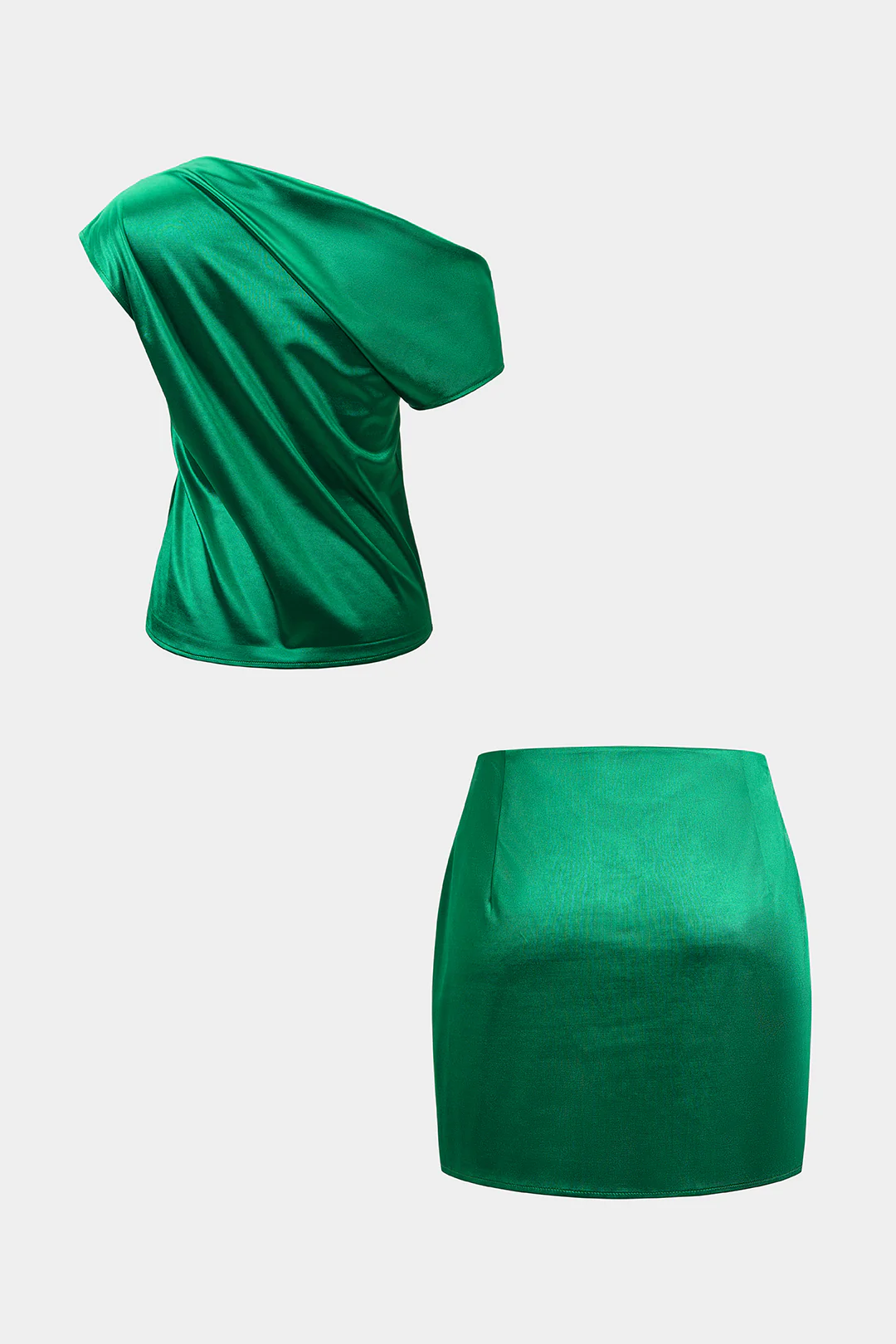 Satin One Shoulder Ruched Top And Asymmetrical Skirt Set - Image 3