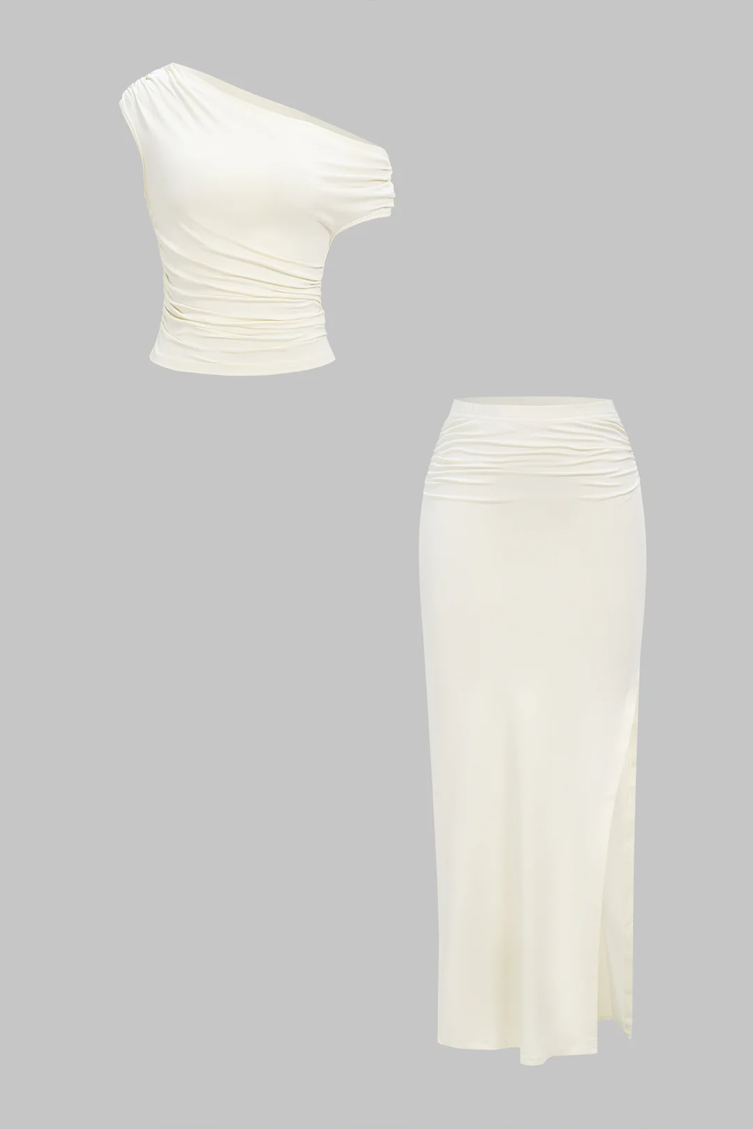 One Shoulder Ruched Top And High Waist Split Skirt Set - Image 4