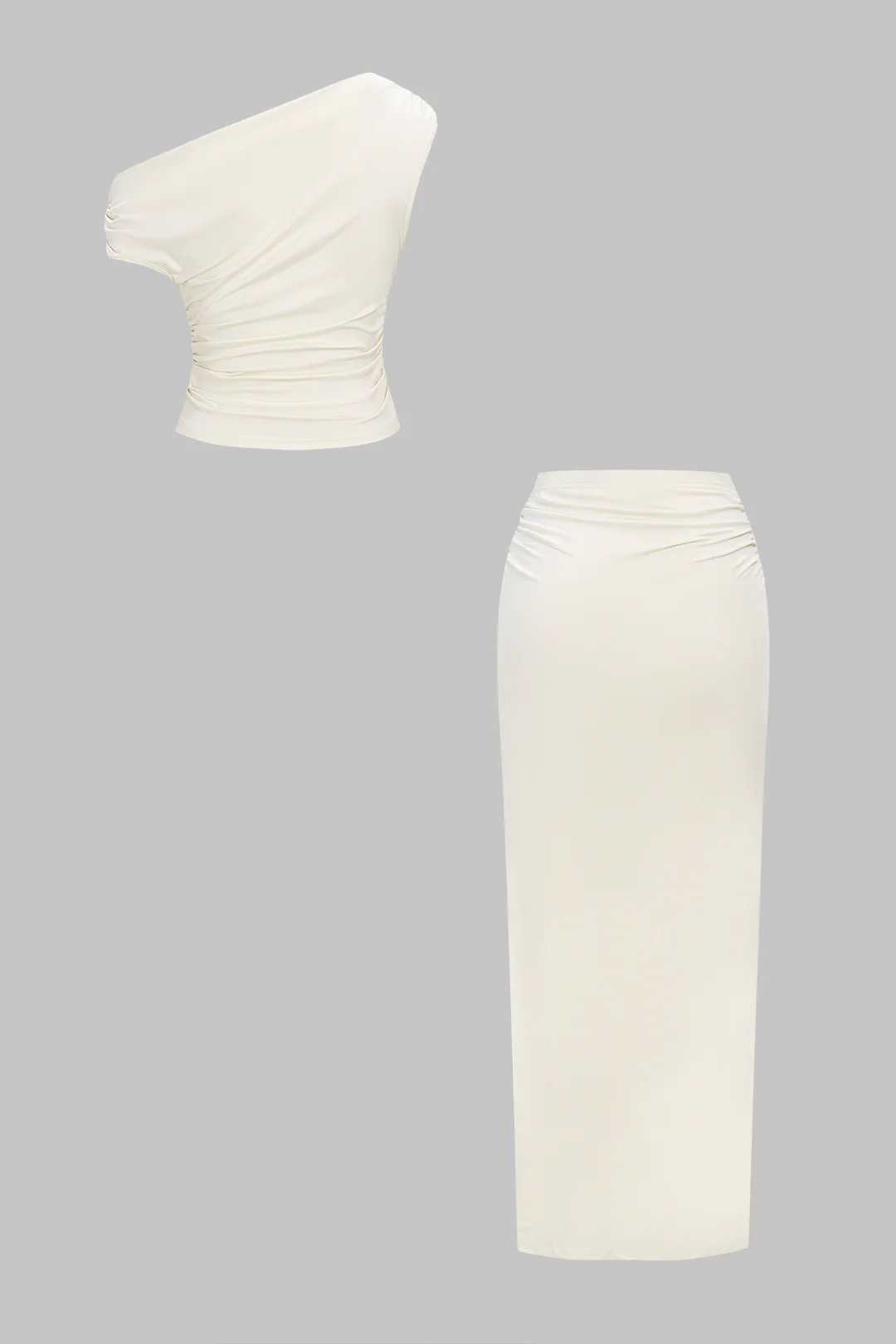 One Shoulder Ruched Top And High Waist Split Skirt Set - Image 5