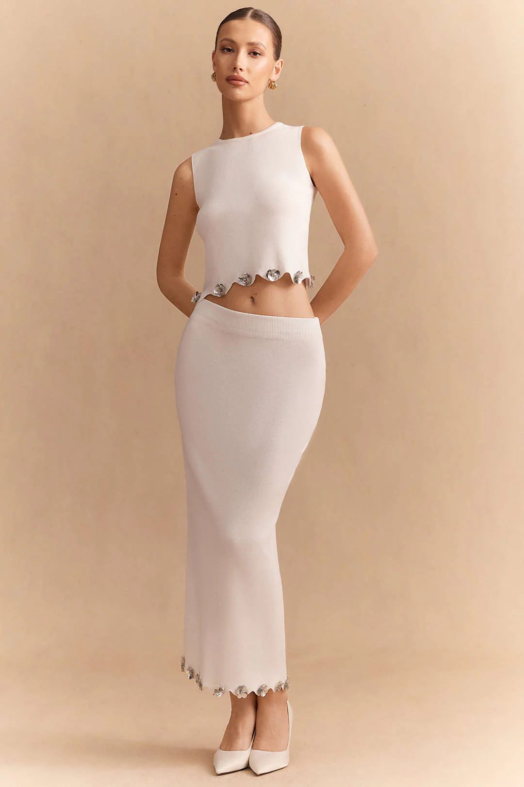 Knit Applique Sequin Round Neck Tank Top And Skirt Set