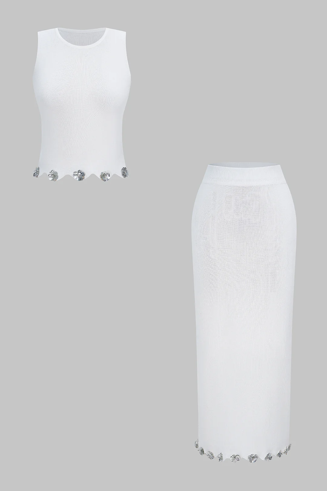 Knit Applique Sequin Round Neck Tank Top And Skirt Set - Image 5