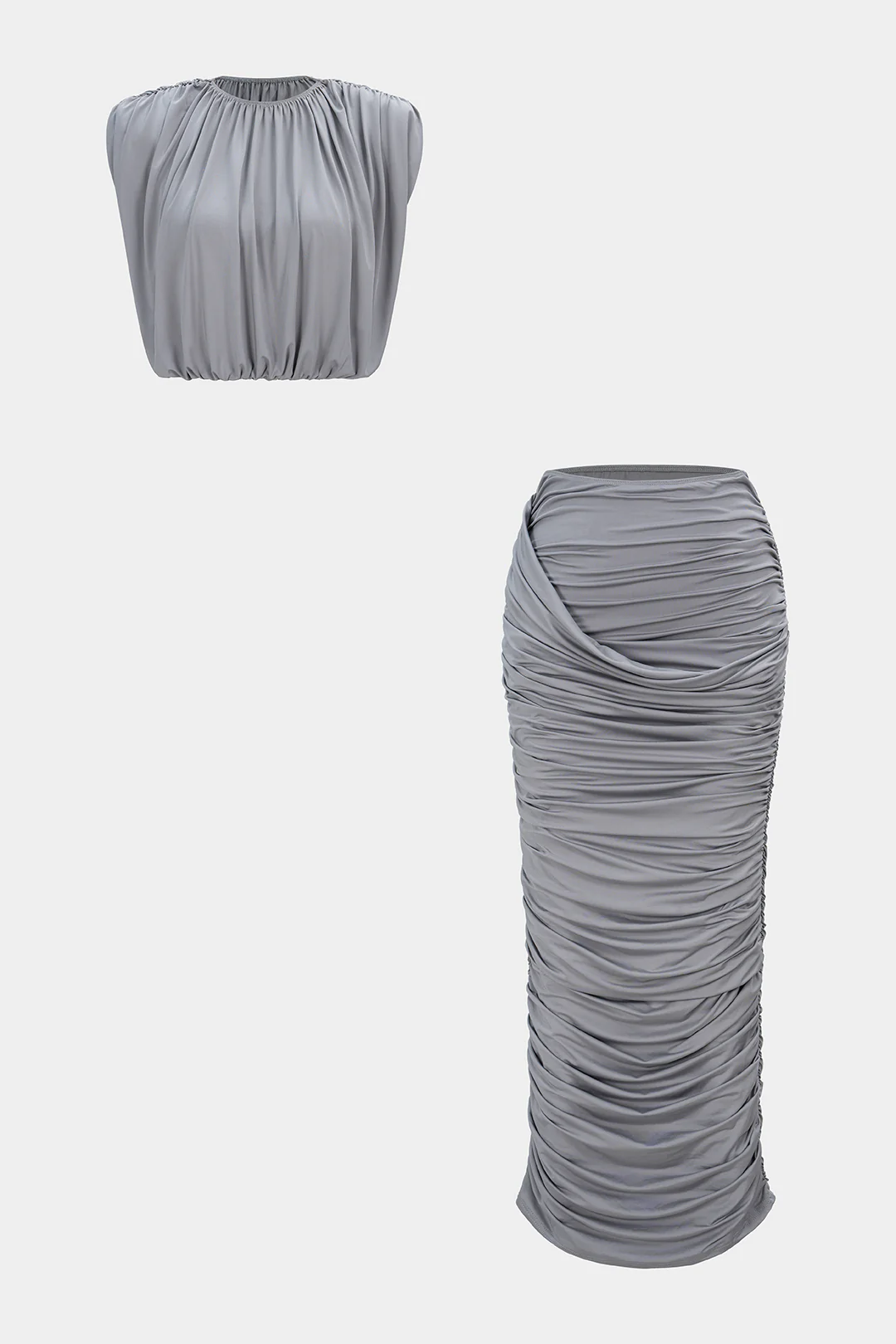 Ruched Round Neck Cropped Tank Top And High Waist Skirt Set