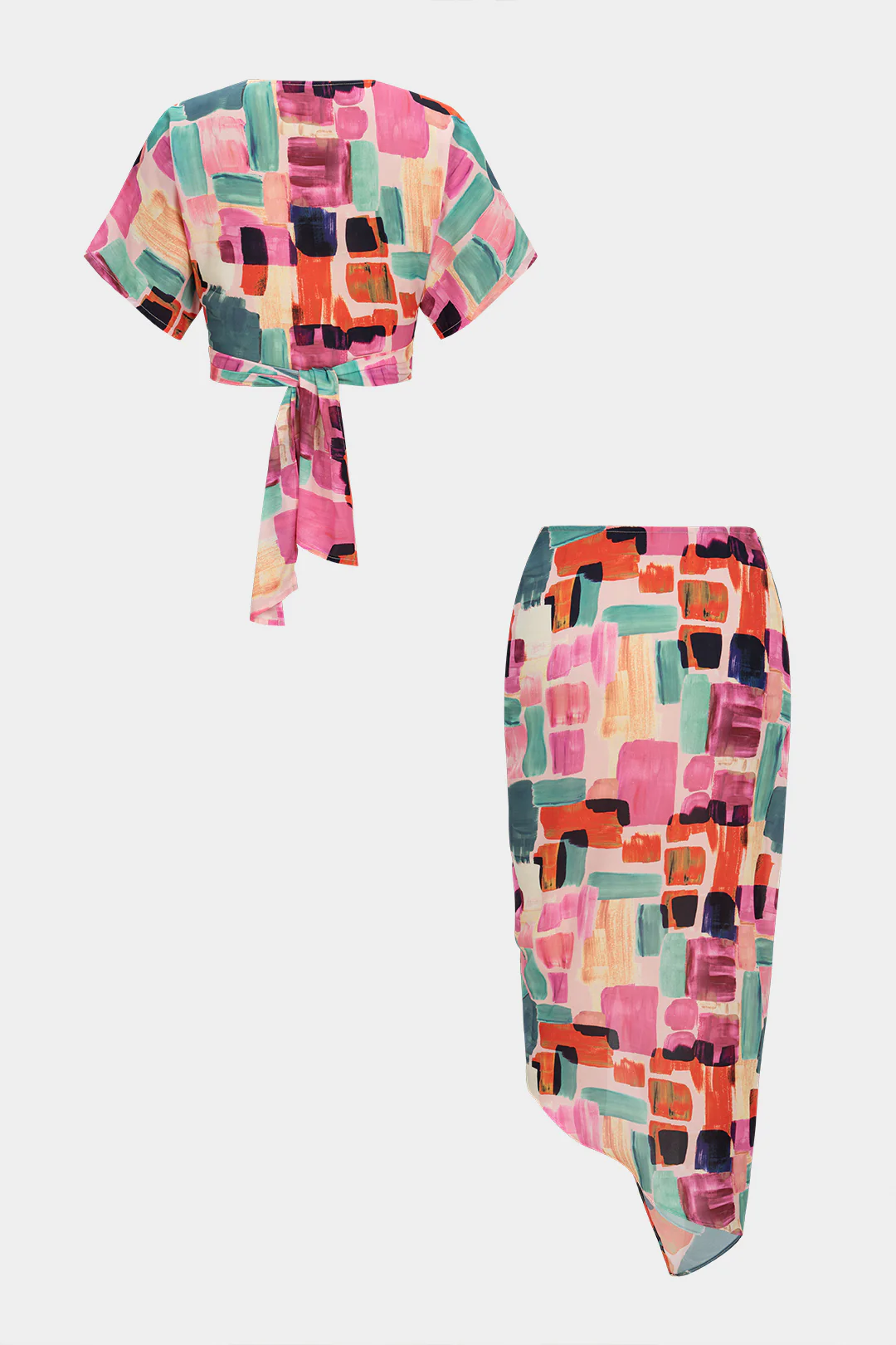 Abstract Print V-Neck Tie-Up Short Sleeves Top And Asymmetrical Drawstring Ruched Skirt Set - Image 2