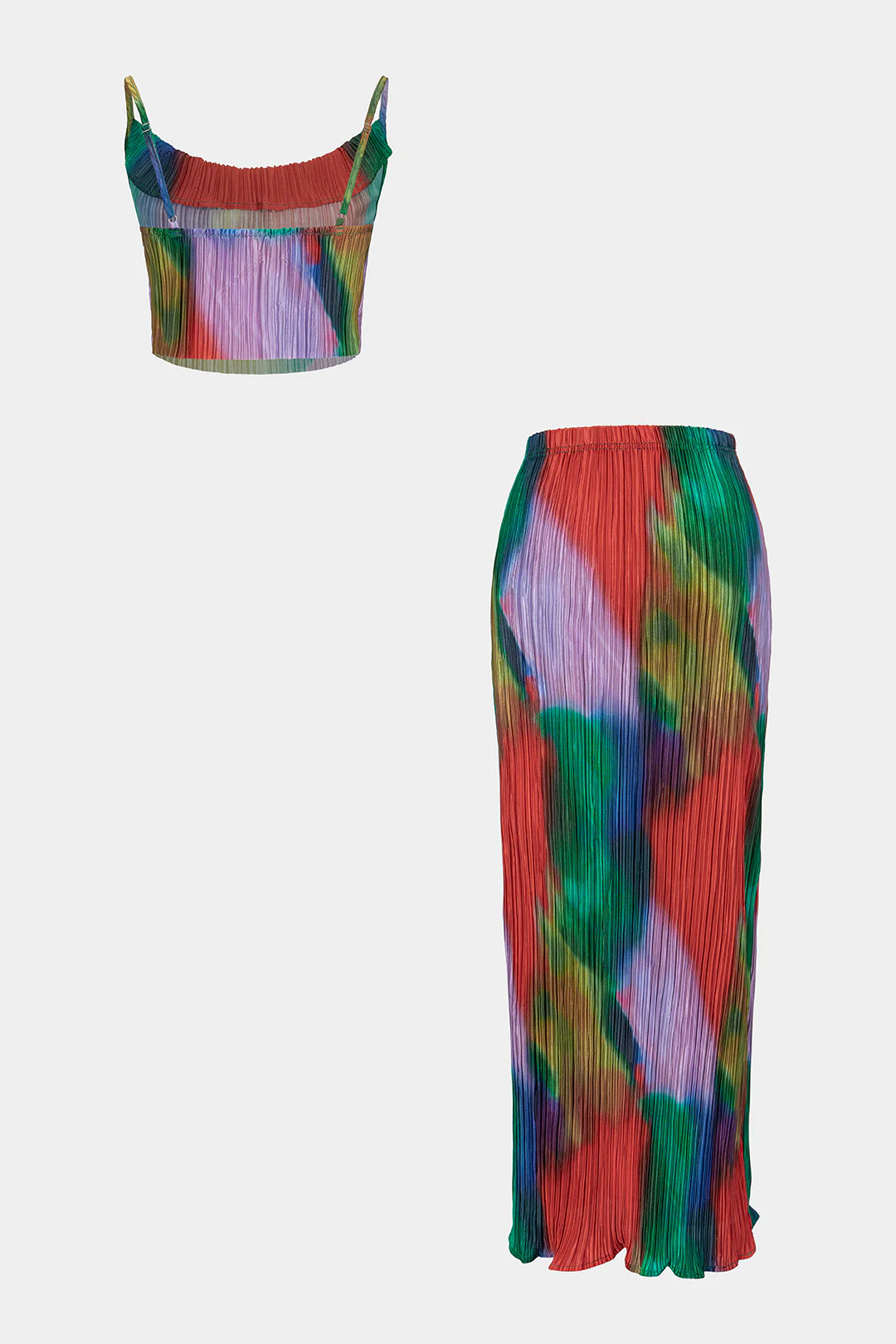 Tie Dye Print Satin Pleated Round Neck Cami Top And High Waist Skirt Set - Image 2