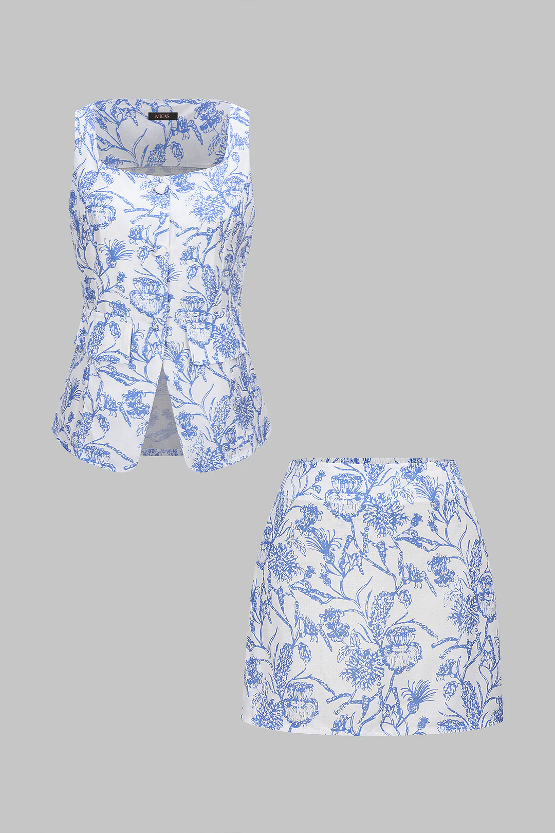 Floral Print Square Neck Button Tank Top And High Waist Skirt Set
