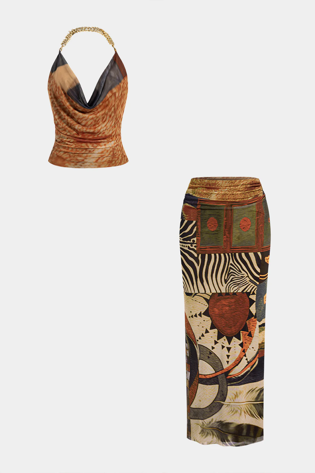 Geometric Print Mesh Metallic Chain Halter Draped Cowl Neck Top And High Waist Skirt Set