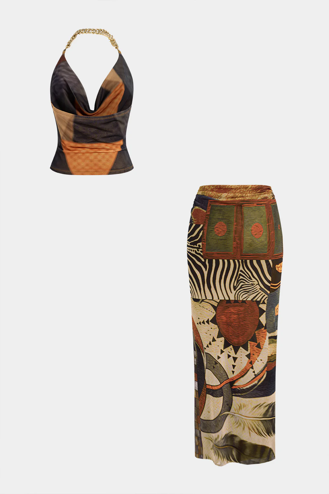 Geometric Print Mesh Metallic Chain Halter Draped Cowl Neck Top And High Waist Skirt Set - Image 2