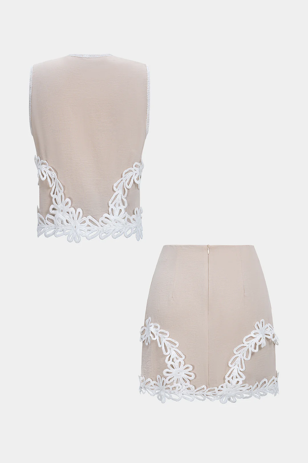 Flower Applique V-Neck Tank Top And Zipper Skirt Set - Image 2