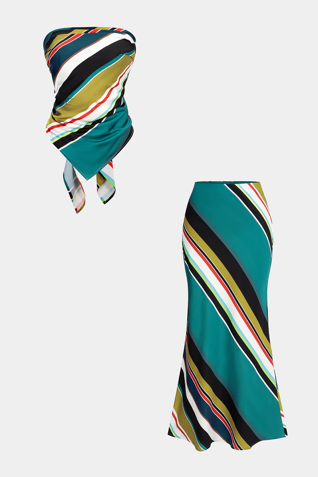 Contrast Stripes Print Satin Tie Back Tube Top And High Waist Skirt Set
