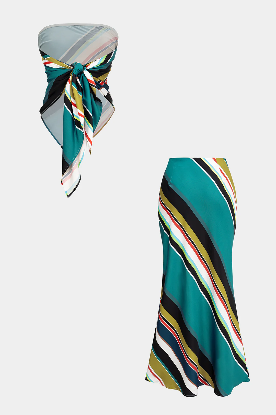 Contrast Stripes Print Satin Tie Back Tube Top And High Waist Skirt Set - Image 2