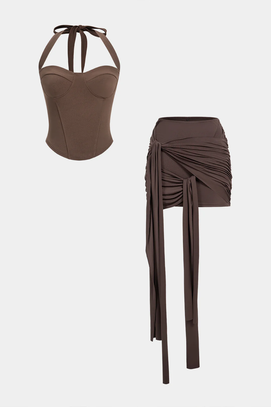 Halter Tie Back Sleeveless Top And Asymmetrical Ruched Skirt Set