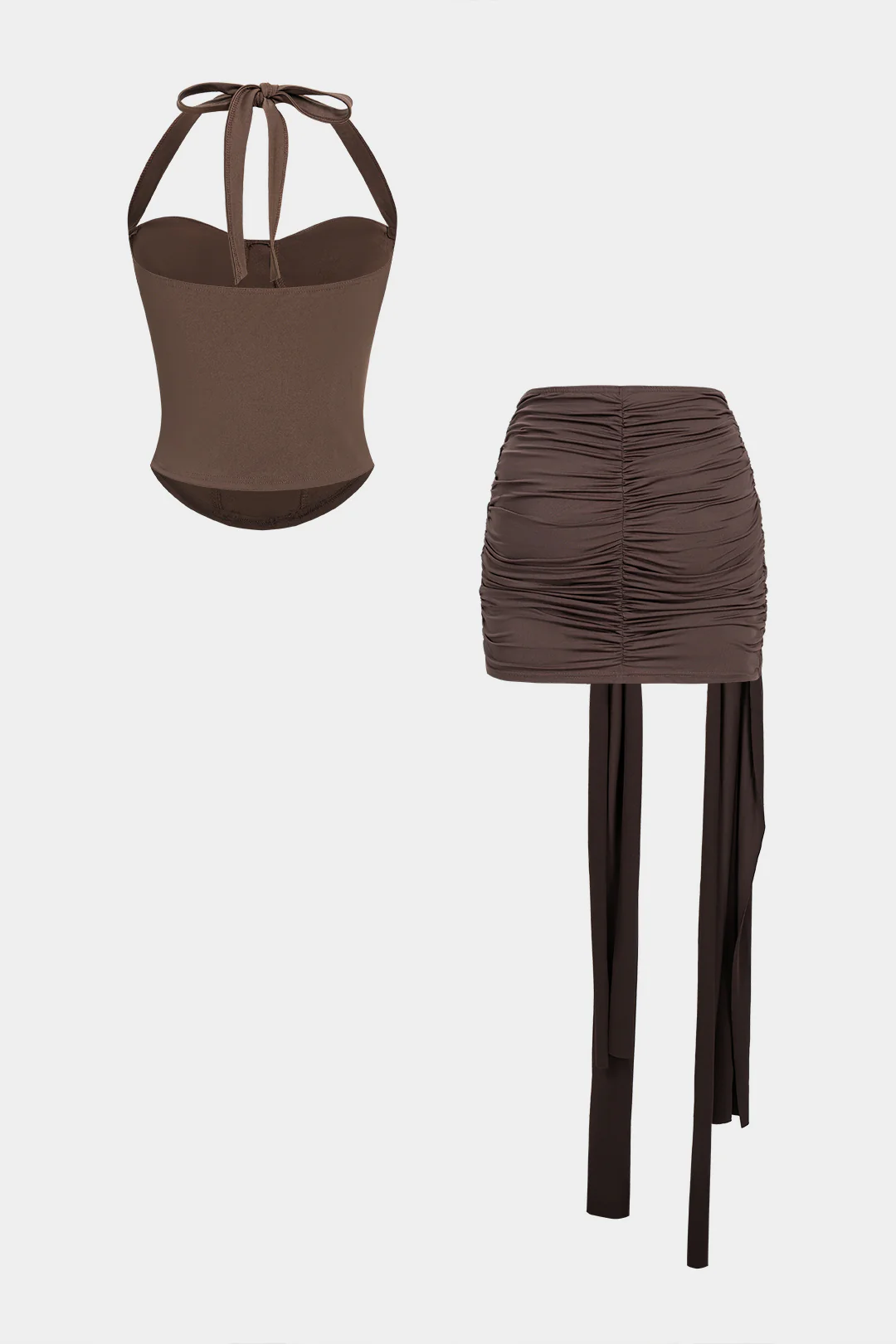 Halter Tie Back Sleeveless Top And Asymmetrical Ruched Skirt Set - Image 2