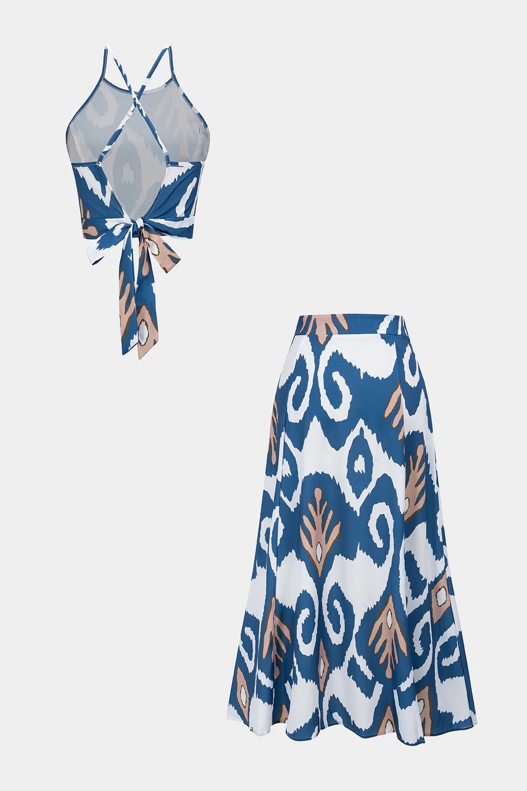Abstract Print Satin Crossed Tie Back Cami Top And Skirt Set - Image 2