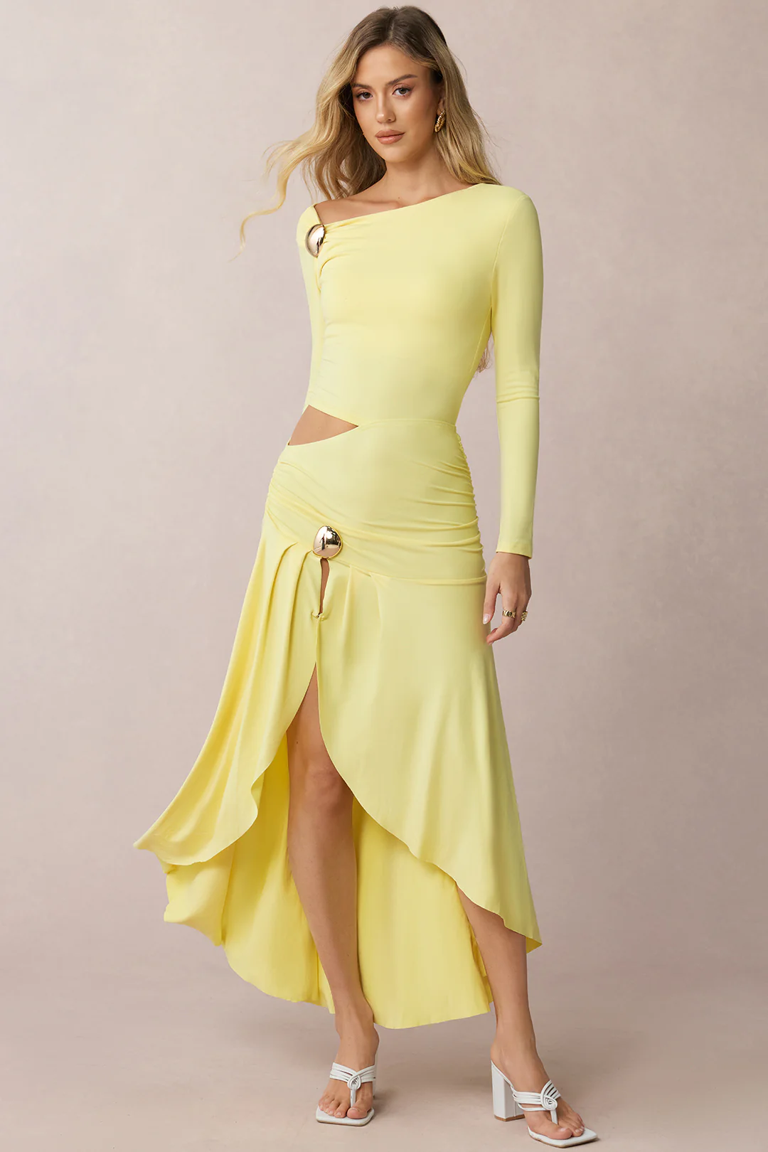 Cut Out Asymmetrical Ruched Long Sleeve Midi Dress