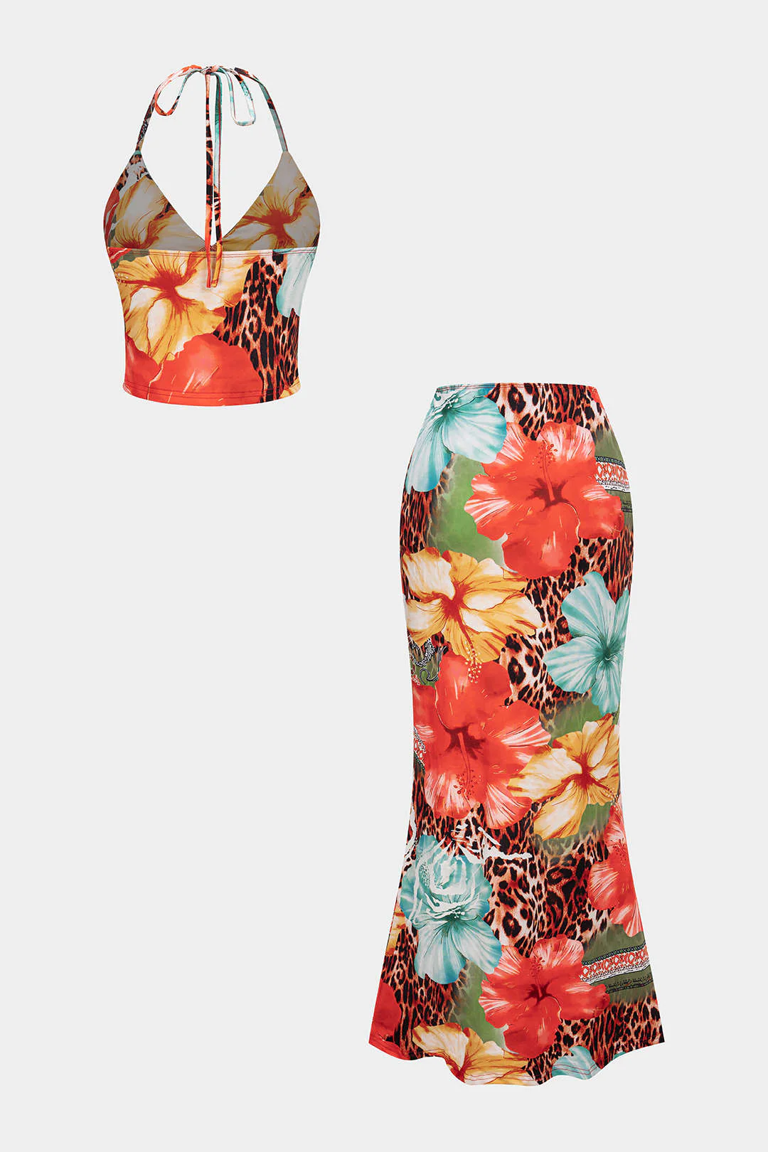 Leopard Floral Print Halter V-Neck Tie Back Top And High Waist Skirt Set - Image 3