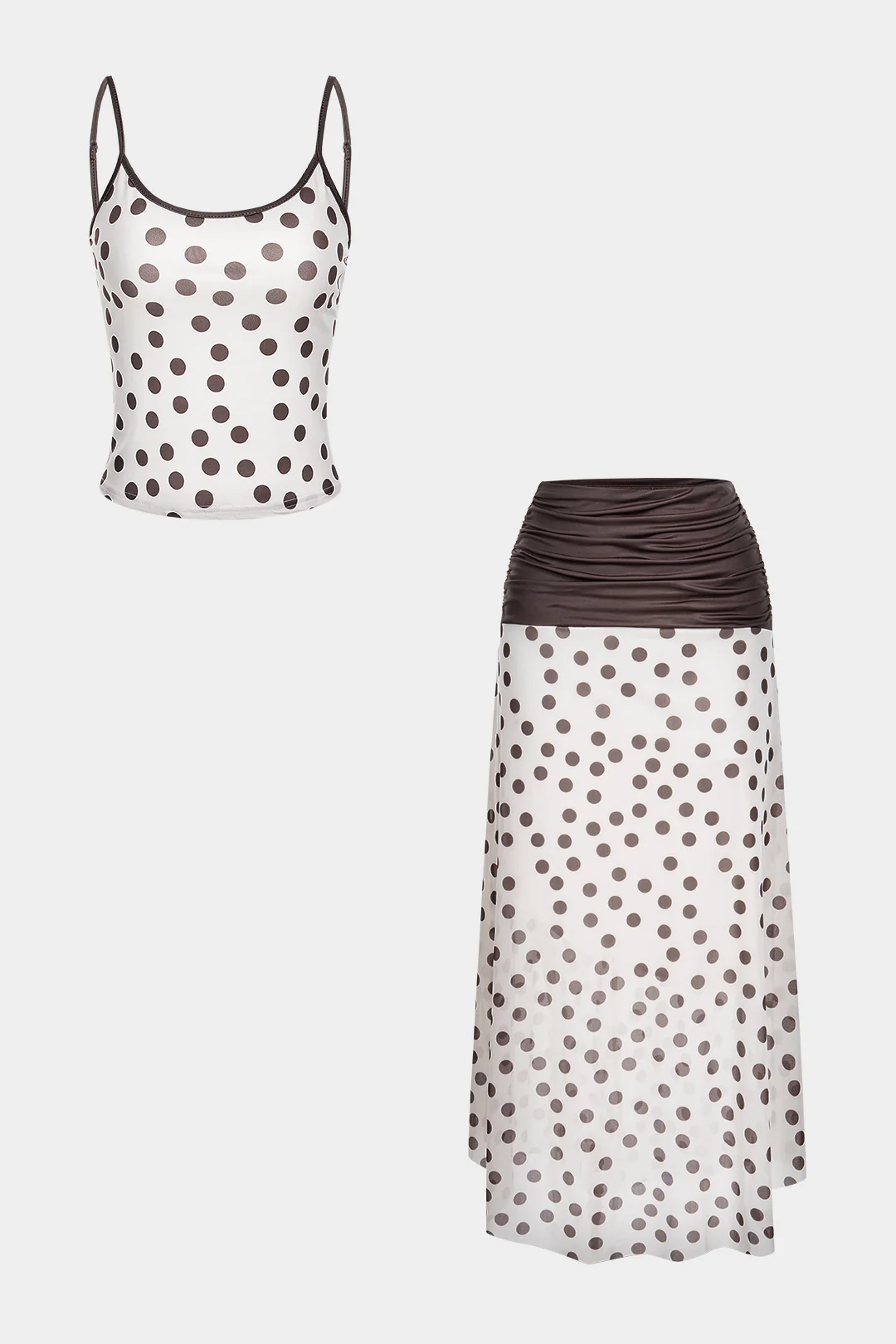 Contrast Polka Dots Print Mesh Patchwork Cami Top And Ruched Skirt Set