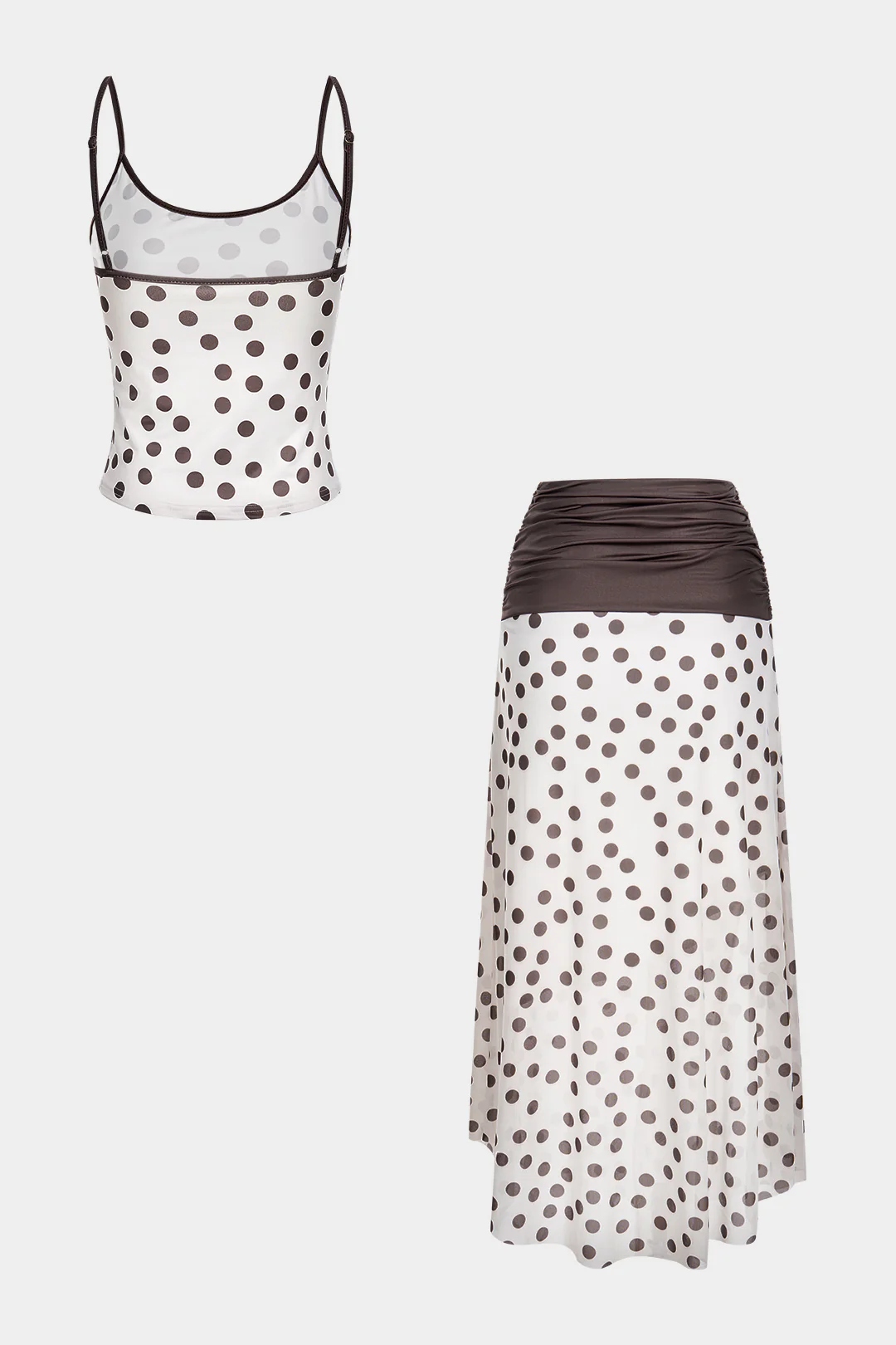 Contrast Polka Dots Print Mesh Patchwork Cami Top And Ruched Skirt Set - Image 2