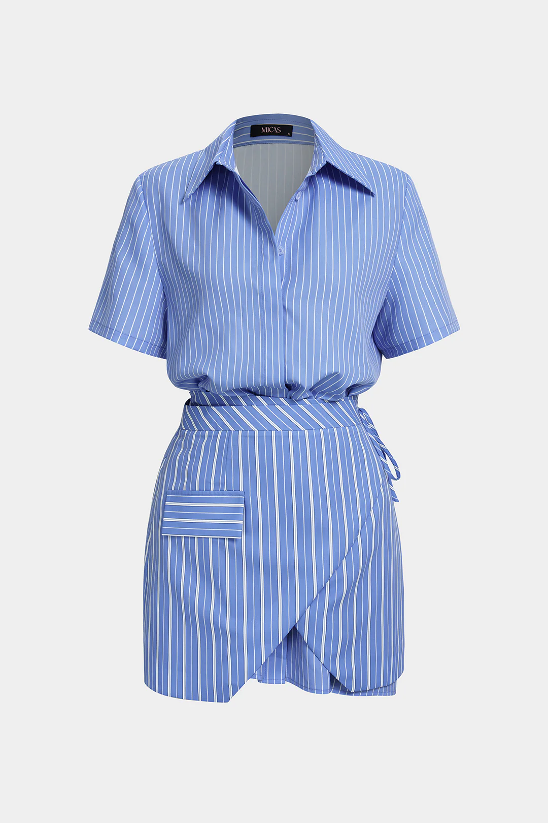 Stripes Print Lapel Short Sleeve Shirt And Wrap Tie-Up Skirt Set