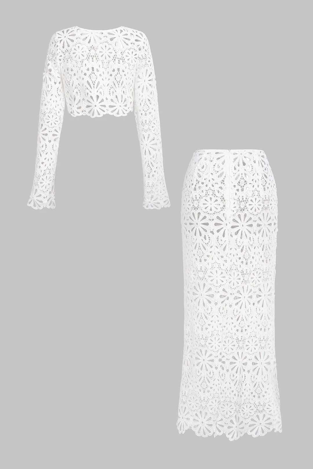 Lace Round Neck Hollow Out Long Sleeve Top And Skirt Set - Image 2