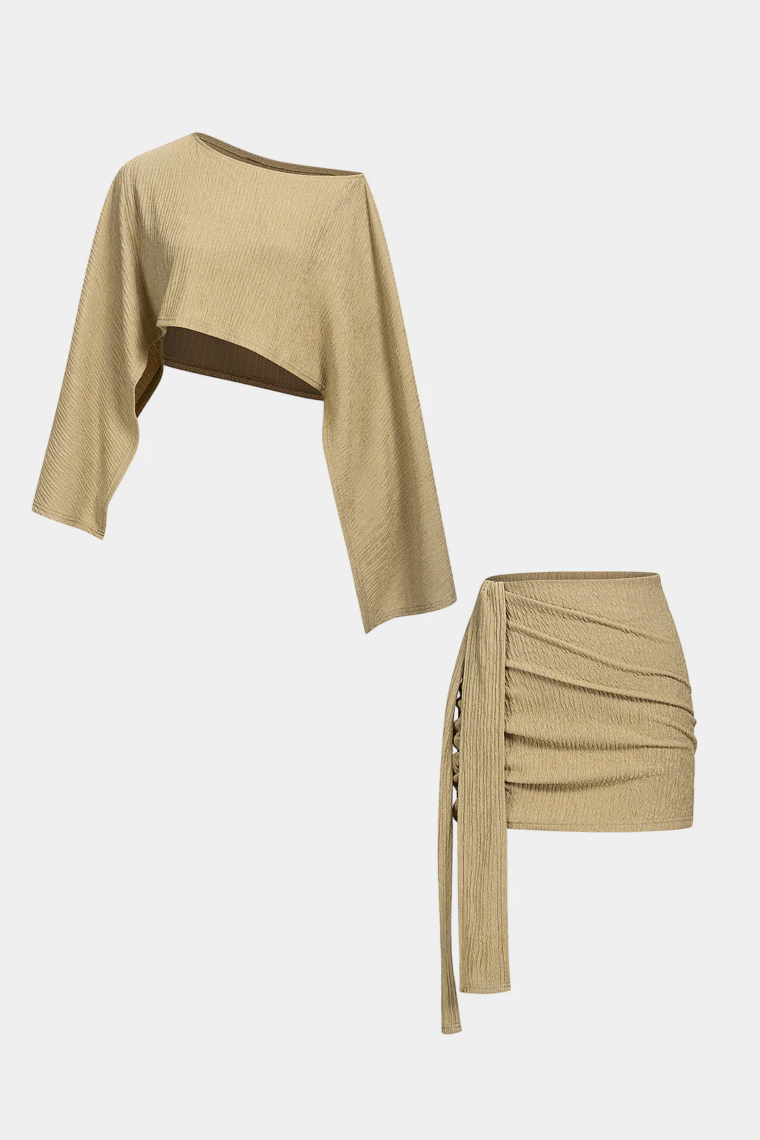Long Sleeve Cropped Top And Asymmetrical Ruched Skirt Set - Image 2