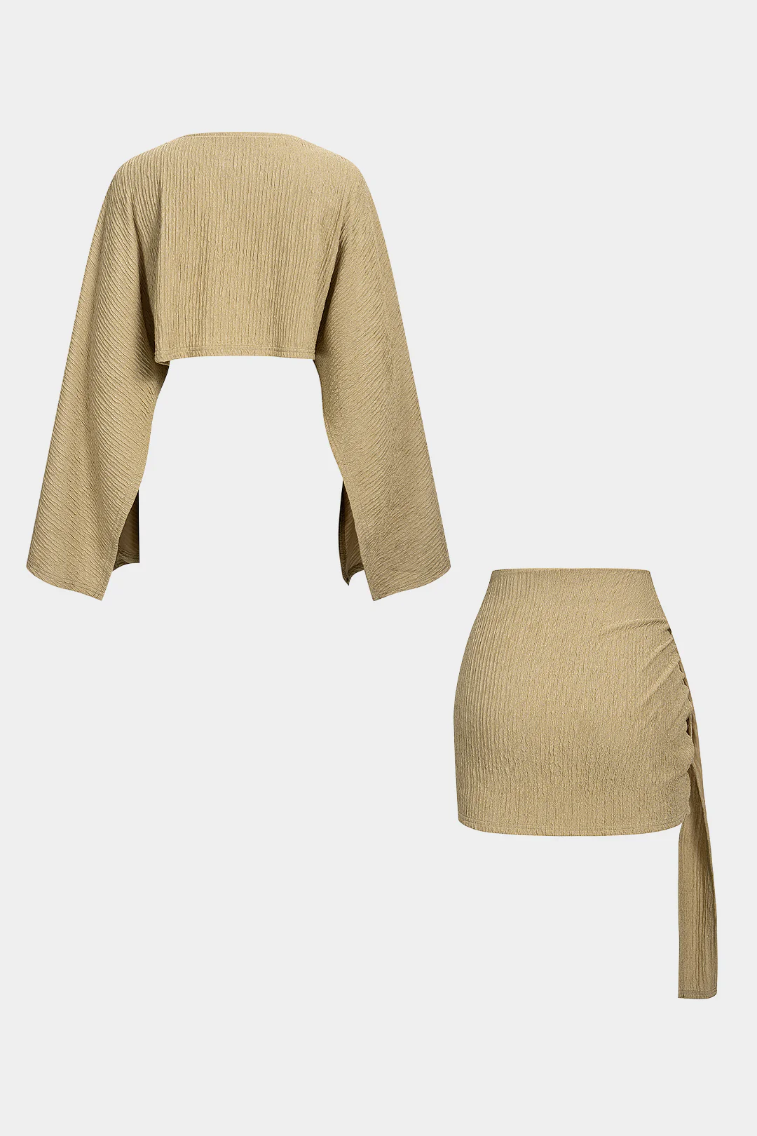 Long Sleeve Cropped Top And Asymmetrical Ruched Skirt Set - Image 3