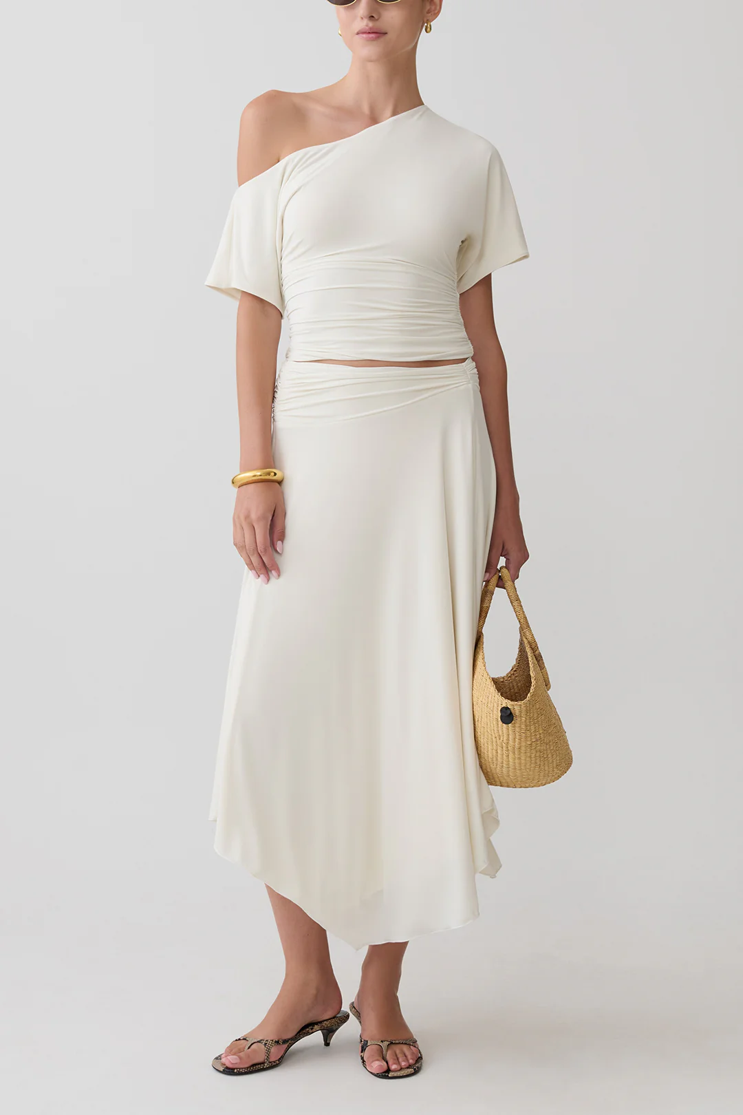 One Shoulder Short Sleeve Top And Asymmetrical Hem Ruched Skirt Set - Image 4