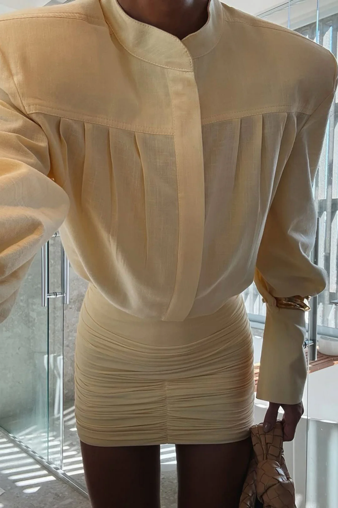 Linen Mock Neck Long Sleeve Shirt And Ruched Mini Skirt Set