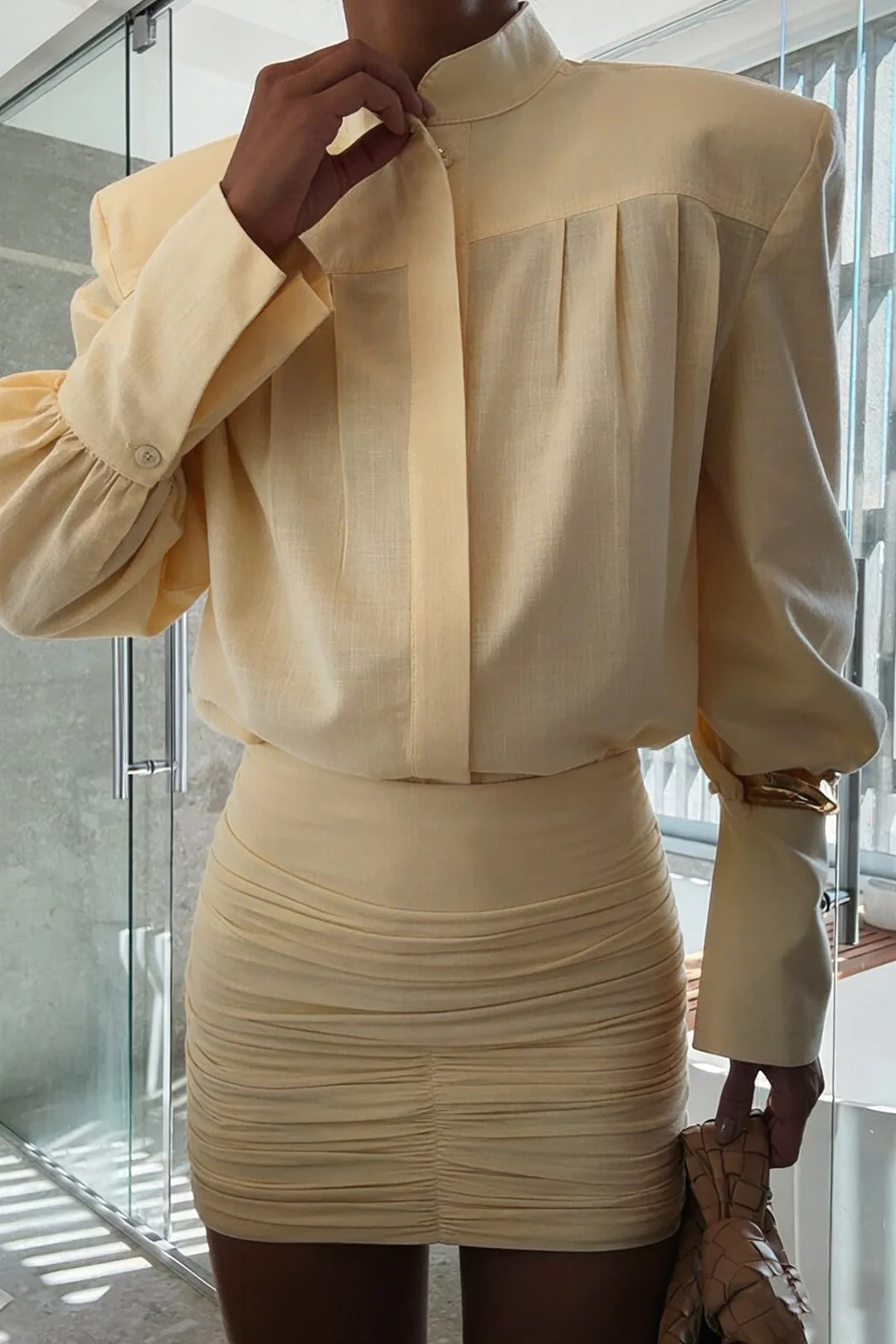 Linen Mock Neck Long Sleeve Shirt And Ruched Mini Skirt Set - Image 3