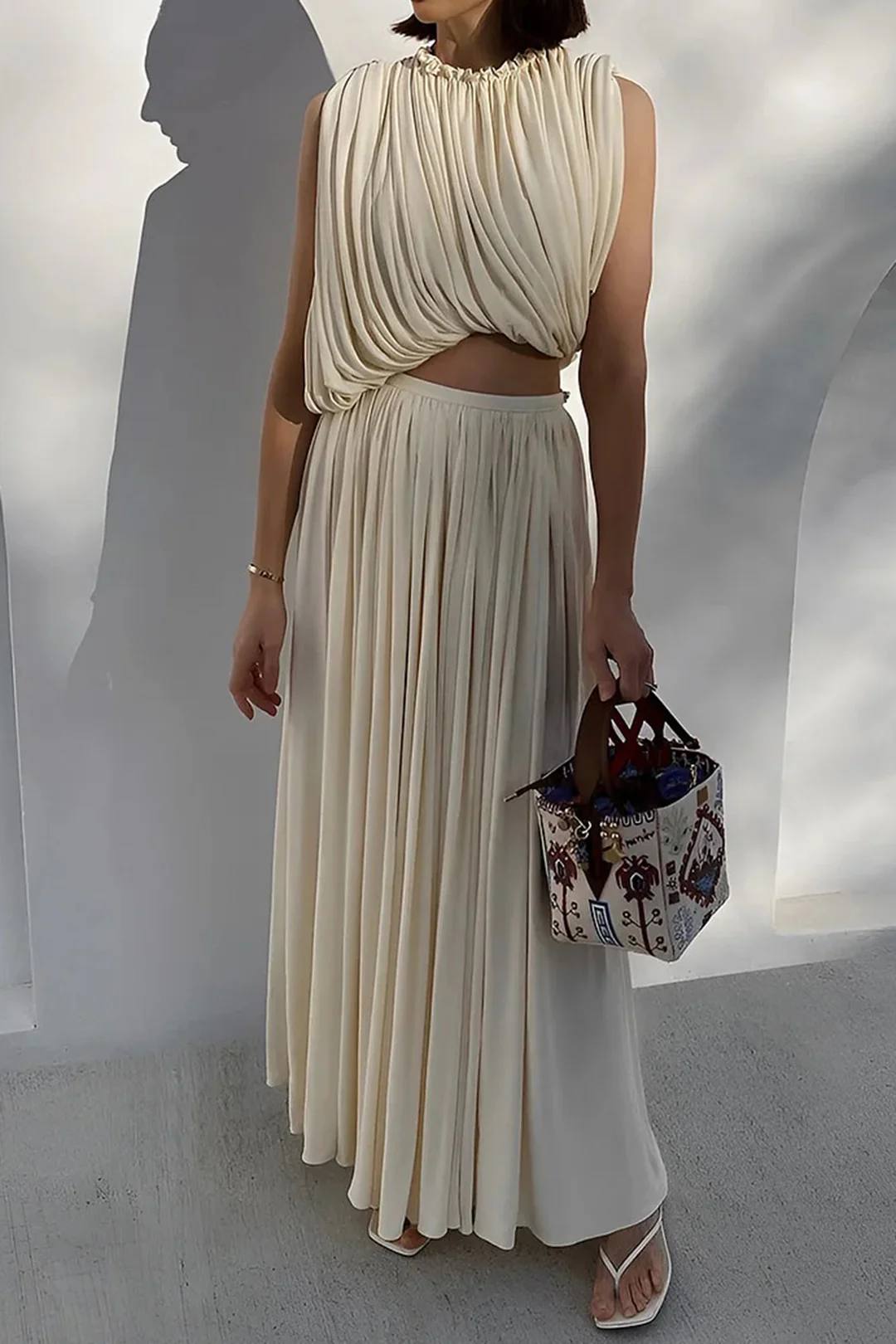 Chiffon Round Neck Ruched Tank Top And Maxi Skirt Set - Image 2