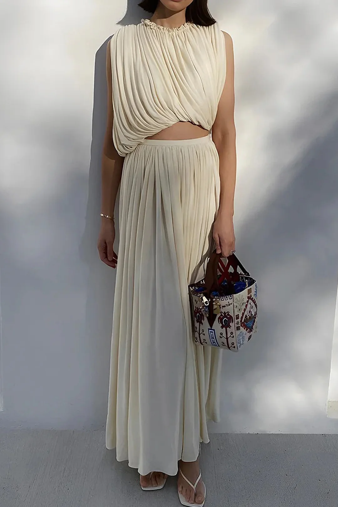 Chiffon Round Neck Ruched Tank Top And Maxi Skirt Set - Image 3
