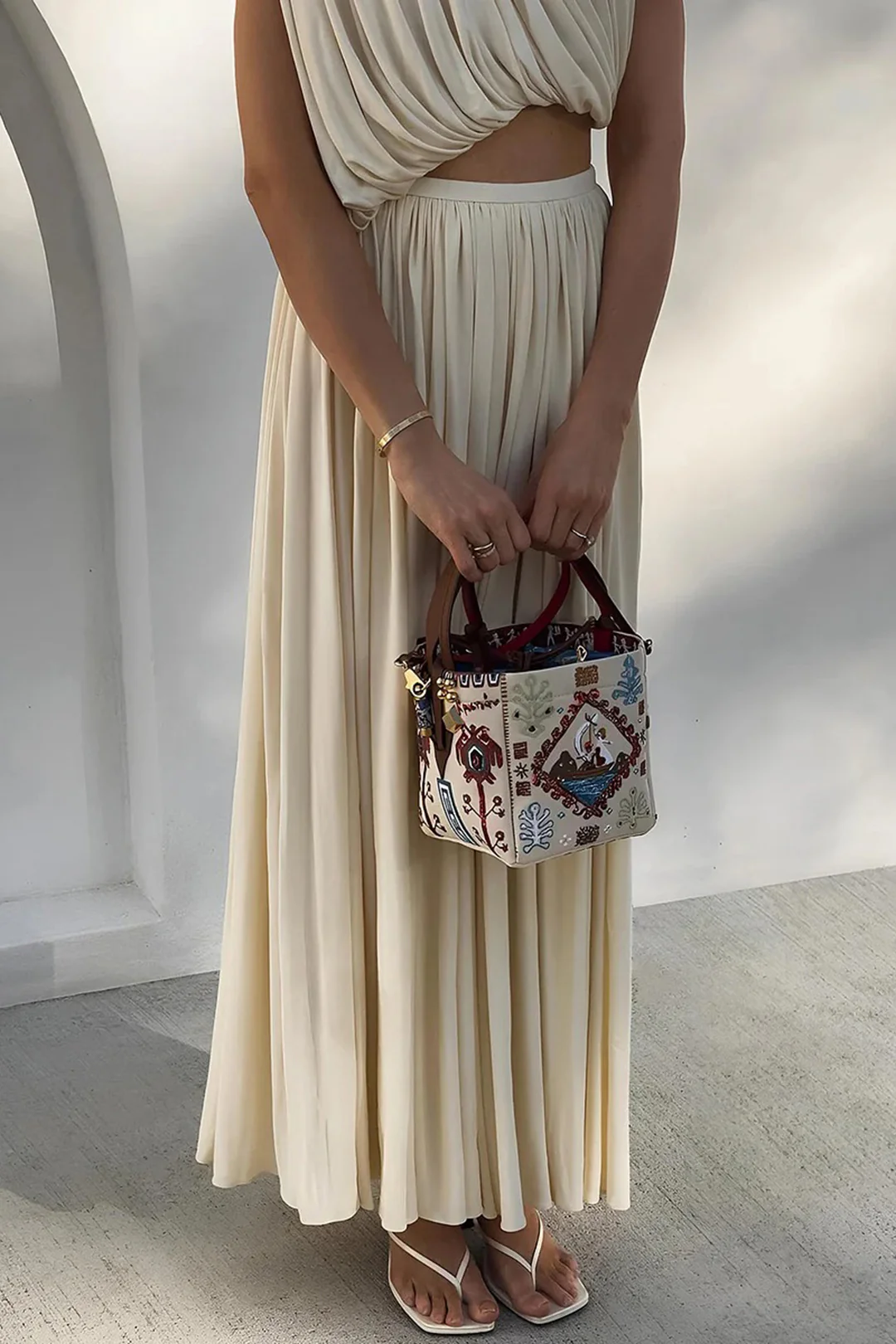Chiffon Round Neck Ruched Tank Top And Maxi Skirt Set - Image 4