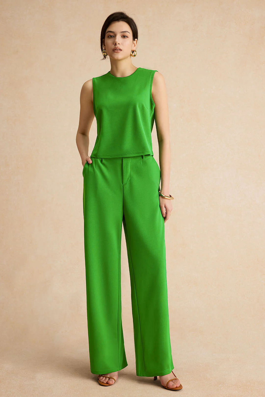Basic Solid Sleeveless Top And Straight Leg Pants Set - Image 2