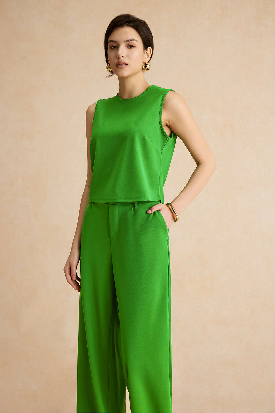 Basic Solid Sleeveless Top And Straight Leg Pants Set - Image 3