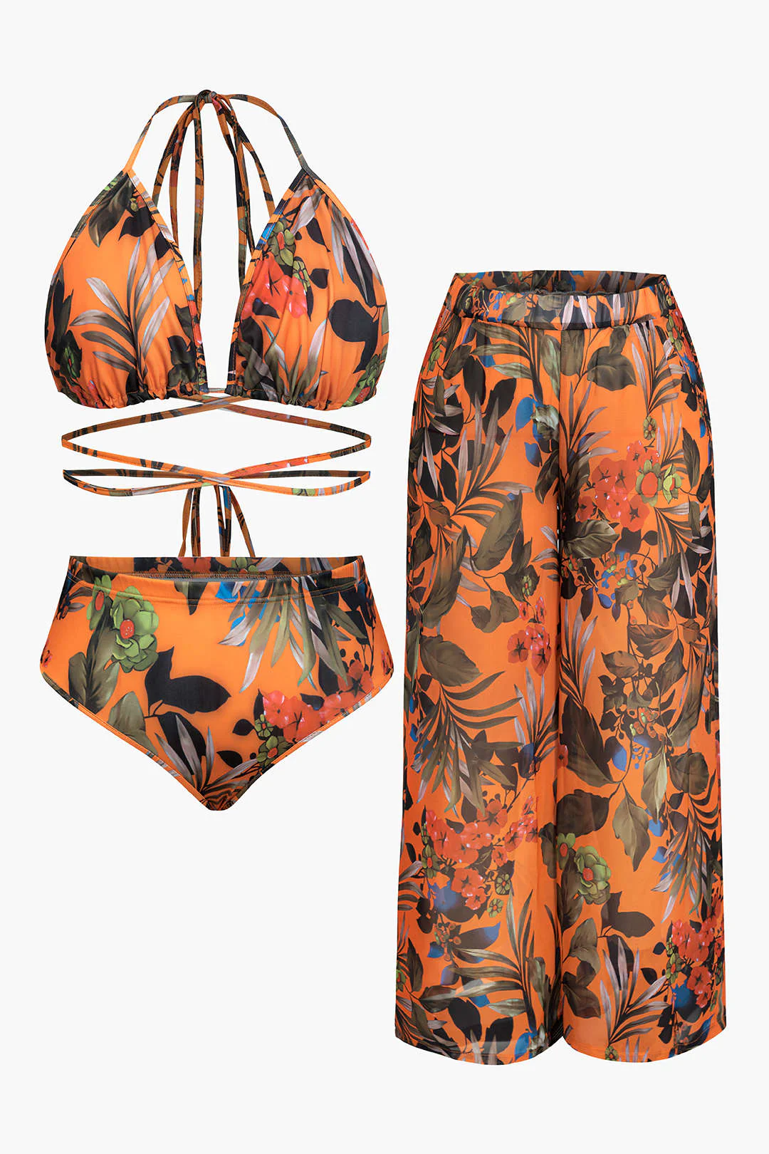Plus Size Floral Print Bikini And Wide Leg Pants Set - Image 4