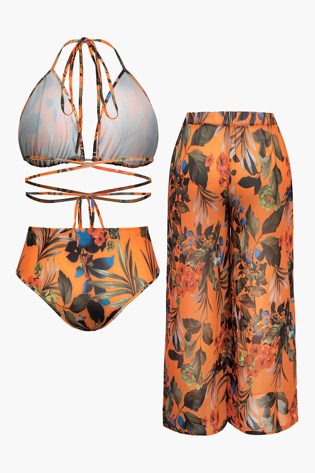 Plus Size Floral Print Bikini And Wide Leg Pants Set - Image 5