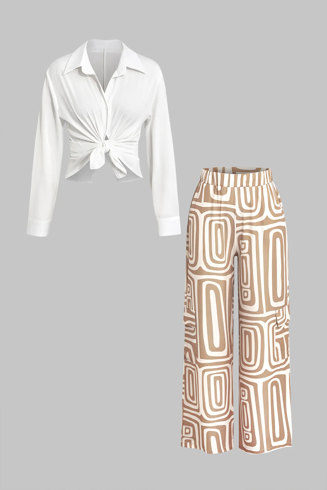 Solid Knot Shirt And Artistic Print Pants Set - Image 11