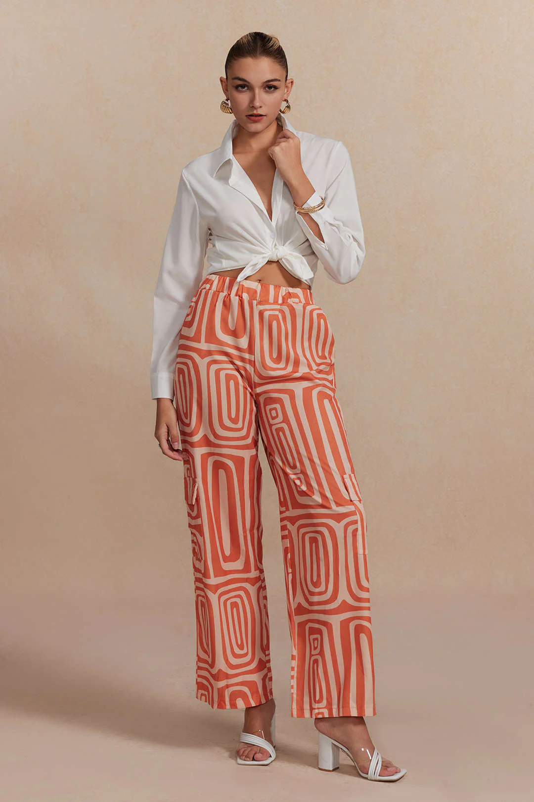 Solid Knot Shirt And Artistic Print Pants Set - Image 14